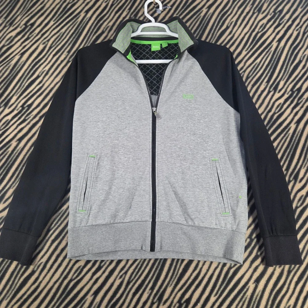 BOSS Hugo Boss Green Label Full Zip Track Jacket Gray Black Neon Green Mens L